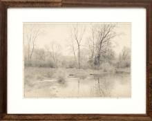 Charles Partridge Adams, art for sale, Creek in Winter, Colorado, landscape, drawing, graphite, early 20th century, vintage, antique, front range, gray, black, white, brown, frame