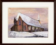 Jenne Magafan, The Church, Colorado, Winter Landscape with Snow, painting, for sale, vintage, wpa era, gouache, circa 1938, 1930s, colorado, woman artist, women, female, twin, red, brown, white, blue, orange, yellow, gray