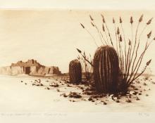 George Elbert Burr, Barrel Cactus , Arizona, Desert Set, etching, circa 1921, engraving, fine art, for sale, denver, gallery, colorado, antique, buy, purchase