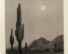 George Elbert Burr, New Moon and Morning Star, Phoenix , Arizona, etching, circa 1925, engraving, fine art, for sale, denver, gallery, colorado, antique, buy, purchase