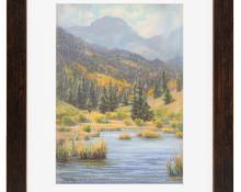 Elsie Haddon Haynes, Colorado Mountain Landscape with River, Autumn, pastel, traditional painting, woman artist, circa 1930-1950, art for sale gallery denver