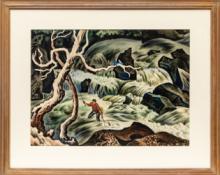 Vance Hall Kirkland, Trout Fisherman, watercolor, 1946, 1940s, modern, modernist, fishing, fish, trout, angler, angling, river, landscape, painting, Fine art, art, for sale, buy, purchase, Denver, Colorado, gallery, historic, antique, vintage, artwork, original, authentic