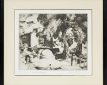 Gene kloss, Alice, Geneva, Glasier, Kloss, Courtyard in Chimayo, New Mexico, etching, 1973, black and white, print, drypoint, woman, artist, female, Fine art, art, for sale, buy, purchase, Denver, Colorado, gallery, historic, antique, vintage, artwork, original, authentic 