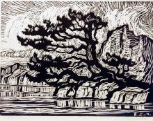 Sven Birger Sandzen, "Timberline Lake, ed of 100", linoleum cut, 1925