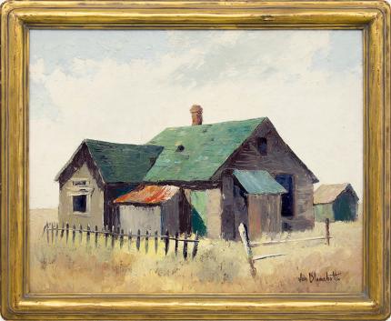 Jon Blanchette vintage landscape painting for sale, "Ripe for Restoration (Abandoned Home, California)", oil painting, circa 1955, framed california landscape, california landscape painting, california farm landscape, 1950s oil painting