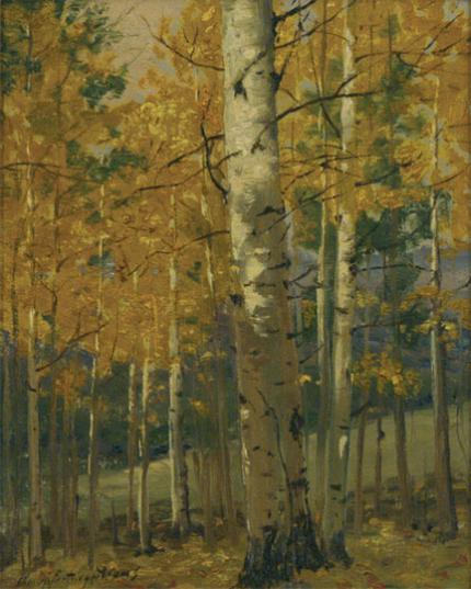 Charles Partridge Adams, "Forest Interior, Golden Aspen", oil on canvas, c. 1915 painting for sale