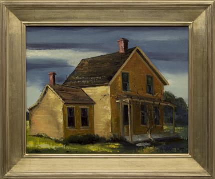 Jon Blanchette, "East Santa Cruz (California)", oil painting circa 1955 for sale, framed california landscape, california landscape painting, original oil painting, 1950s oil painting, painting with yellow farm house,