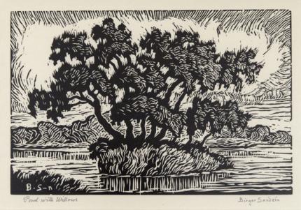 sandzén, Sven Birger Sandzen, "Pond with Willows", linoleum cut, 1937