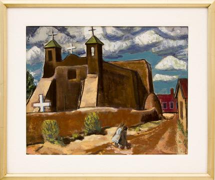 Paul K Smith original painting, art for sale, Rancho de taos church, new mexico, adobe, vintage 1935, wpa era