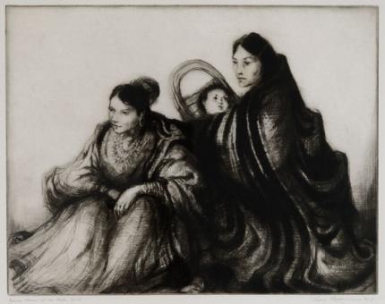 Gene (Alice Geneva) Kloss, "Apache Women at the Fiesta, edition of 75", etching, 1954