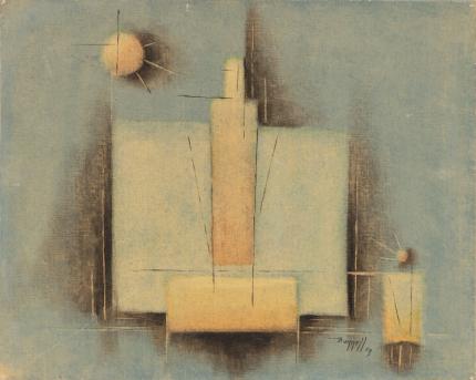 Charles Bunnell, painting, Abstract in Pale Blue, Yellow, Gray and Black, oil, 1954, midcentury modern, abstract expressionist, abstract, expressionism, charles ragland bunnell, Fine art, for sale, vintage, historic, antique, gallery, art, Denver, Colorado