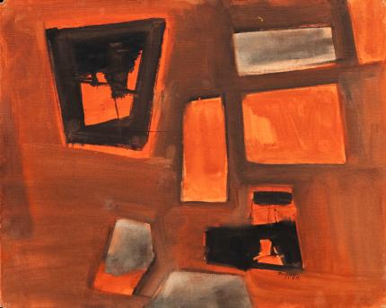 Charles Bunnell, painting, Abstract in Orange, Black and Gray, oil, 1959, 1950s, midcentury, mid century, modern, abstract, figural abstraction, Fine art, for sale, vintage, original, historic, antique, gallery, art, Denver, Colorado, broadmoor academy, colorado springs fine arts center, charles ragland bunnell 