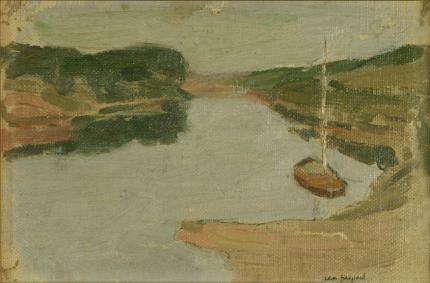 Leon Shulman Gaspard, "Boat in River Inlet", oil, early 20th century