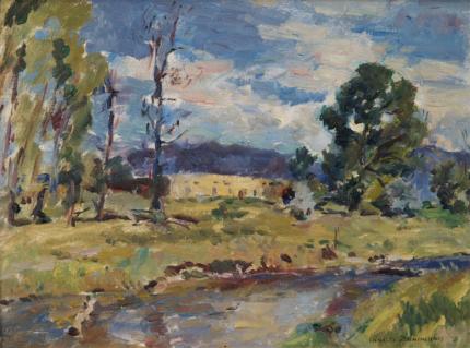 Charles Julius Berninghaus, "New Mexico Adobe", oil, c. 1950