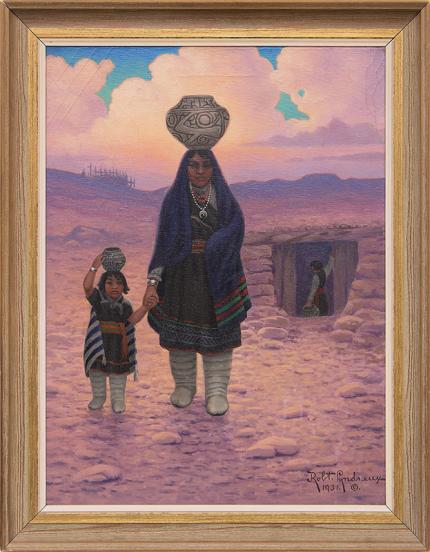 Robert Ottokar Lindneux, "Zuni Woman and Child", oil on canvas, 1931 for sale purchase consign auction denver Colorado art gallery museum