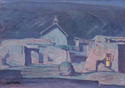 Carl Redin, "Untitled (New Mexico Church in Nocturne)", oil, c. 1925