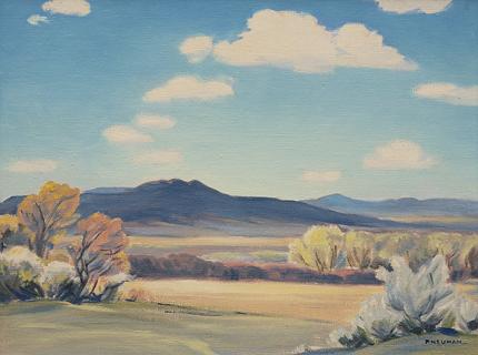 Mildred Pneuman, "Taos Country", oil, mid 20th century
