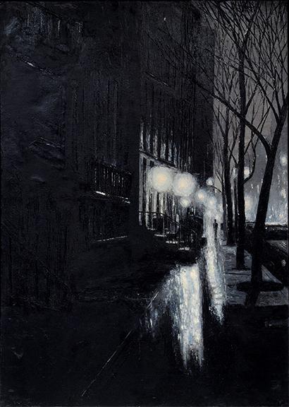 Edward Goldman, "Cityscape II Night", acrylic, September 1969
