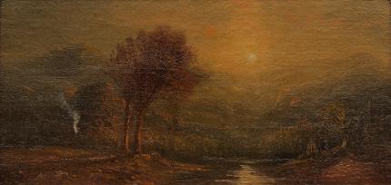 Henry Arthur Elkins, "Evening Glow - Western Landscape with Campfire", oil, circa 1880