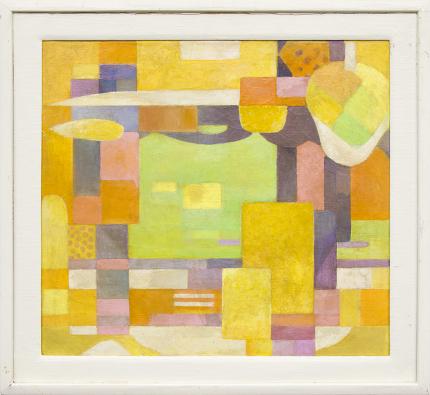 Hugh Weller painting for sale, "Harbor", Abstract, oil, vance kirkland, yellow, orange, green, gold, purple, mustard, cream, ivory