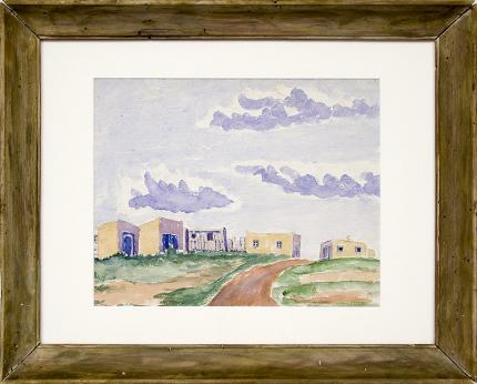 Frank Pancho Gates, southwest landscape, adobe house, clouds, sky, vintage painting for sale, colorado, new mexico