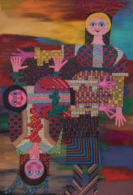 Edward Marecak, The Fates in an Upside Down World, oil painting for sale, vintage, 1980s, 1988, Modern, abstract art, figurative, pink, yellow, blue, green, purple, black, teal