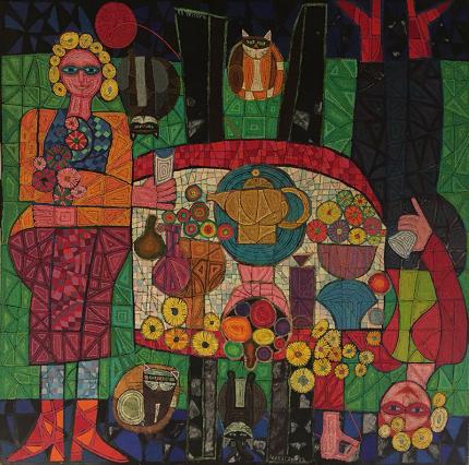 Edward Marecak oil painting "Two Mystic Ladies with Four Cats", oil painting, vintage 1988, green, red, orange, black yellow semi-abstract