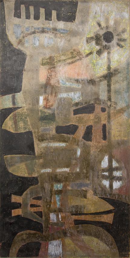Edward Marecak, "Sunflowers", oil, 1965 abstract mid-century modern painting fine art for sale purchase buy sell auction consign denver colorado art gallery museum