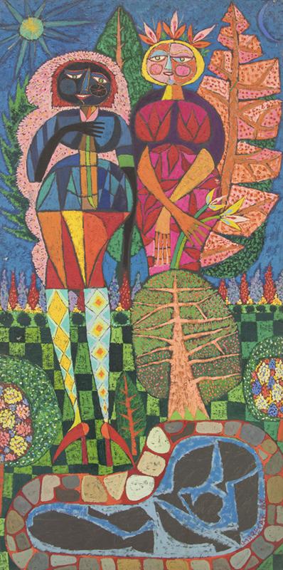 Edward Marecak, Frost Comes To The Garden, oil, painting, vintage, 1960s, midcentury modern,1963, art, for sale, denver, colorado, gallery, women, female, figure, cubist, abstract, trees