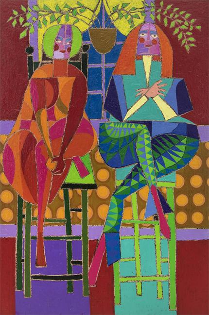 Edward Marecak, "Two Mysterious Ladies Trying To Out-Mystify Each Other #1" oil painting, 1970 abstract art for sale denver colorado gallery