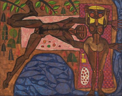 Edward Marecak, Adam And Eve, oil, painting, vintage, midcentury, modern, 1960s, black, male, nude, female, garden of eden, fish, art, for sale, gallery, denver, colorado