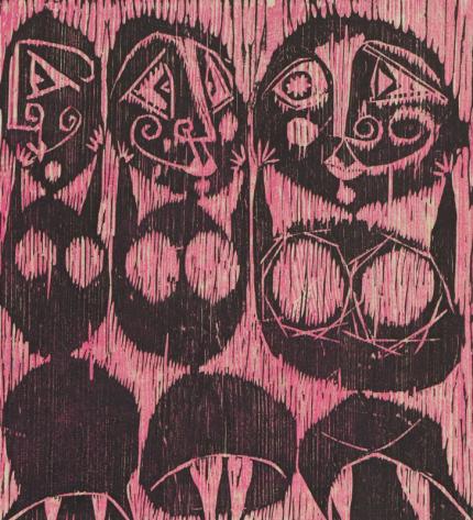 Edward Marecak, Three Witches with Masks, woodcut, Woodblock, circa 1940, 1950, 1960, 1970, black, pink, color, print, Vintage, Fine art, for sale, purchase, gallery, museum, Denver, Colorado, consign, midcentury, mid century, mid-century, modern, mythology, greek, roman, female, mask, figurative, figure
