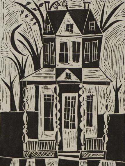 Edward Marecak, haunted house, woodcut, Woodblock, circa 1940, 1950, 1960, 1970, black, white, print, Vintage, Fine art, for sale, purchase, gallery, museum, Denver, Colorado, consign, midcentury, mid century, mid-century, modern, black, white, house, landscape, tree, modernist