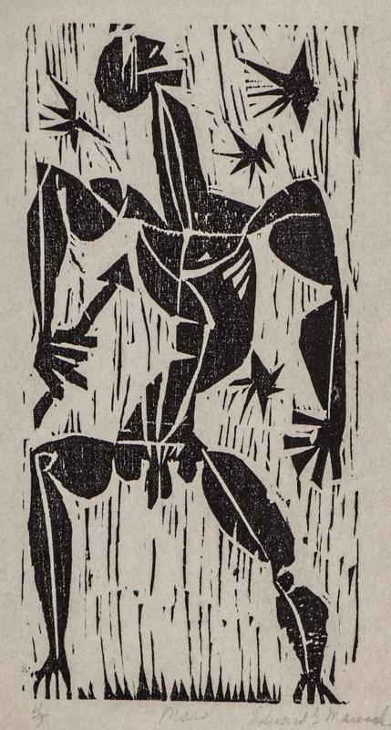 Edward Marecak, Mars II, woodcut, Woodblock, circa 1940, 1950, 1960, 1970, black, white, print,  Vintage, Fine art, for sale, purchase, gallery, museum, Denver, Colorado, consign, midcentury, mid century, mid-century, modern, mythology, greek, roman