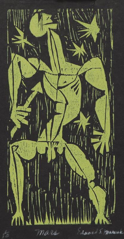 Edward Marecak, Mars II, woodcut, Woodblock, circa 1940, 1950, 1960, 1970, color, print,  Vintage, Fine art, for sale, purchase, gallery, museum, Denver, Colorado, consign, midcentury, mid century, mid-century, modern, mythology, greek, roman