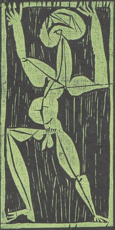Edward Marecak, Mars, woodcut, Woodblock, circa 1940, 1950, 1960, 1970, color, print, Vintage, Fine art, for sale, purchase, gallery, museum, Denver, Colorado, consign, midcentury, mid century, mid-century, modern, black, green,