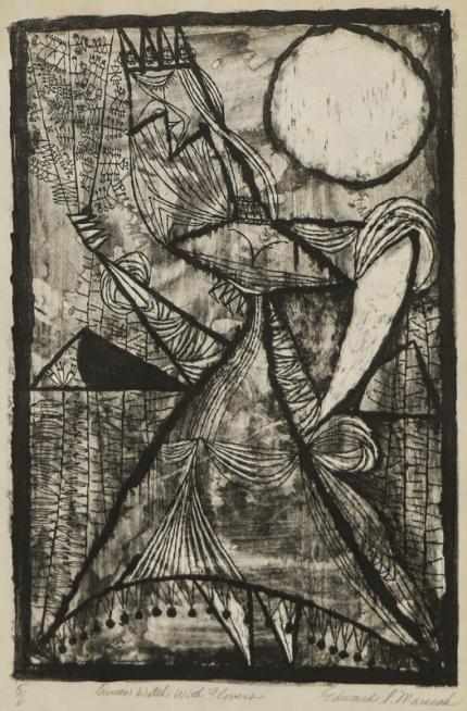 Edward Marecak, Queen With Flowers, woodcut, Woodblock, circa 1940, 1950, 1960, 1970, black, white, print,  Vintage, Fine art, for sale, purchase, gallery, museum, Denver, Colorado, consign, midcentury, mid century, mid-century, modern, figurative, figure, female, woman, geometric, flower