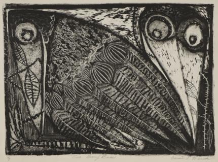 Edward Marecak, Looney Birds, woodcut, Woodblock, circa 1940, 1950, 1960, 1970, black, white, print,  Vintage, Fine art, for sale, purchase, gallery, museum, Denver, Colorado, consign, midcentury, mid century, mid-century, modern, bird, feather