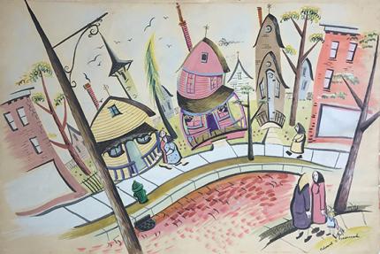 Edward Marecak original vintage painting for sale, modernist street scene, houses, denver