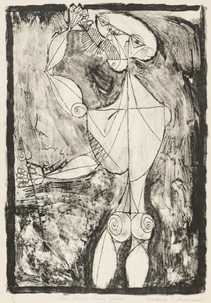 Edward Marecak, The Seven Lean Years, lithograph, black, white, 1940, 1950, 1960, 1970, midcentury, mid century, modern, abstract, figural abstraction, Fine art, for sale, vintage, original, historic, antique, gallery, art, Denver, Colorado, broadmoor academy, colorado springs fine arts center, Fine art, for sale, vintage, historic, antique, gallery, art, Denver, Colorado, male, figure