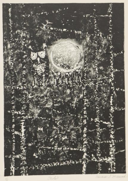 Edward Marecak, Owls, lithograph, circa 1940, 1950, 1960, 1970, black, white, print, Vintage, Fine art, for sale, purchase, gallery, museum, Denver, Colorado, consign, midcentury, mid century, mid-century, modern