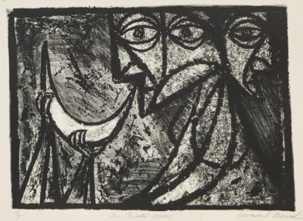 Edward Marecak, The Quarter Moon, lithograph, circa 1940, 1950, 1960, 1970, black, white, print, Vintage, Fine art, for sale, purchase, gallery, museum, Denver, Colorado, consign, midcentury, mid century, mid-century, modern, abstract, human, figure, moon, primitive, cubist