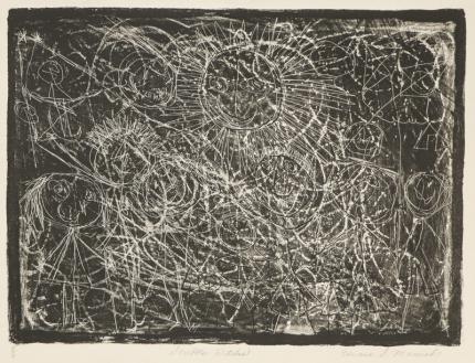 Edward Marecak, "Scribble Witches #1", lithograph, circa 1940, 1950, 1960, 1970, black, white, print,  Vintage, Fine art, for sale, purchase, gallery, museum, Denver, Colorado, consign, midcentury, mid century, mid-century, modern, witch, abstract, female, figure, primitive, folk