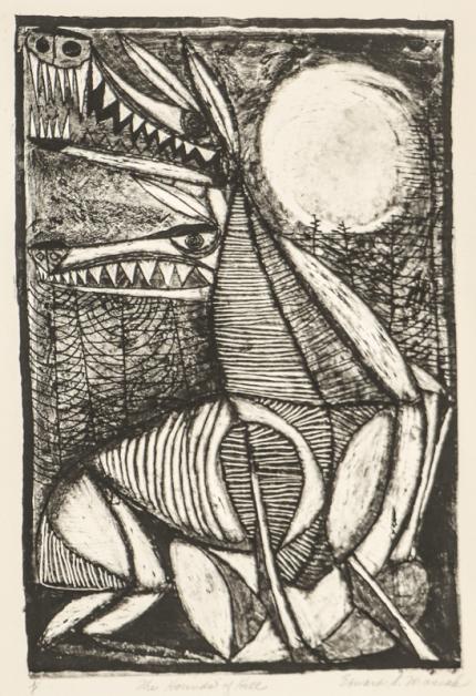 Edward Marecak, "The Hounds of Hell", lithograph, woodcut, Woodblock, circa 1940, 1950, 1960, 1970, black, white, print, Vintage, Fine art, for sale, purchase, gallery, museum, Denver, Colorado, consign, midcentury, mid century, mid-century, modern