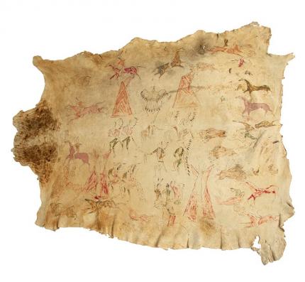 Native American, Painted Hide, Pictorial, Shoshone, Plains indian, circa 1890, antique, old, 19th century, horse, war bonnet, birds, animals, grass dance, sun dance, for sale