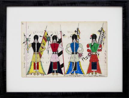 James Black ledger drawing "Initiation Day - Cheyenne Bowstring Society", mixed media, 2018 painting fine art for sale purchase buy sell auction consign denver colorado art gallery museum