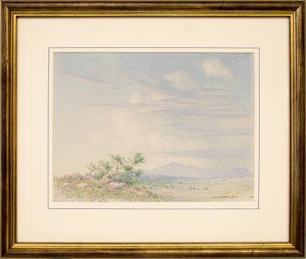 George Elbert Burr, Morning Near Arizona Desert Landscape, vintage, original, drawing, painting, 19th century, 1888, antique, blue, green, brown, beige