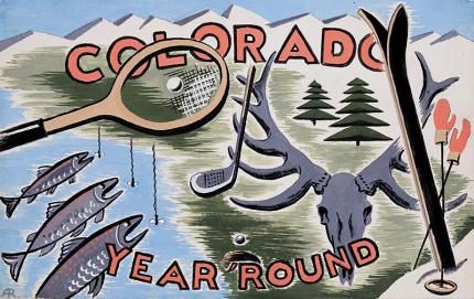 Arnold Ronnebeck, "Colorado Year Round", gouache, circa 1933, Vintage illustration art for sale, Colorado tourism, Skiing, Fishing, Tennis, Golf, Hunting. 