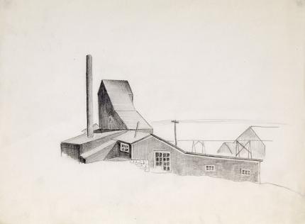 Arnold Ronnebeck, "Colorado Mine Study", graphite, drawing, circa 1932, vintage landscape, architecture, mining scene, colorado, denver artists guild, art for sale