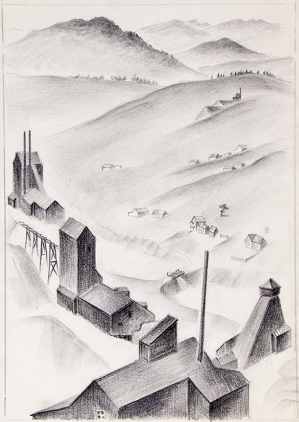 Arnold Ronnebeck art for sale "Mining Town, Colorado", conte crayon, circa 1932 vintage drawing original signed 